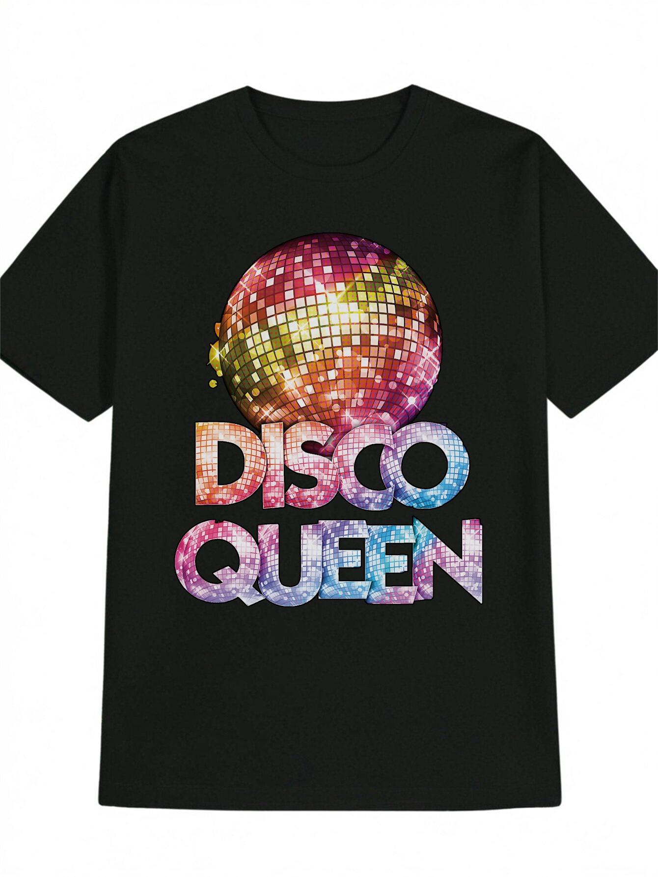 Disco Queen Graphic T-shirt - Black Retro Disco Party Tee with Disco Ball Design - Lightweight Summer Shirt for Club Nights XXL