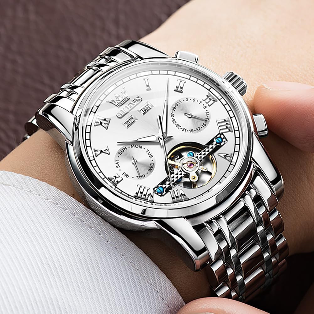 OLEVS Mechanical Automatic Moon Phase Watch Stylish Skeleton Waterproof Popular Luminous Watch for Men