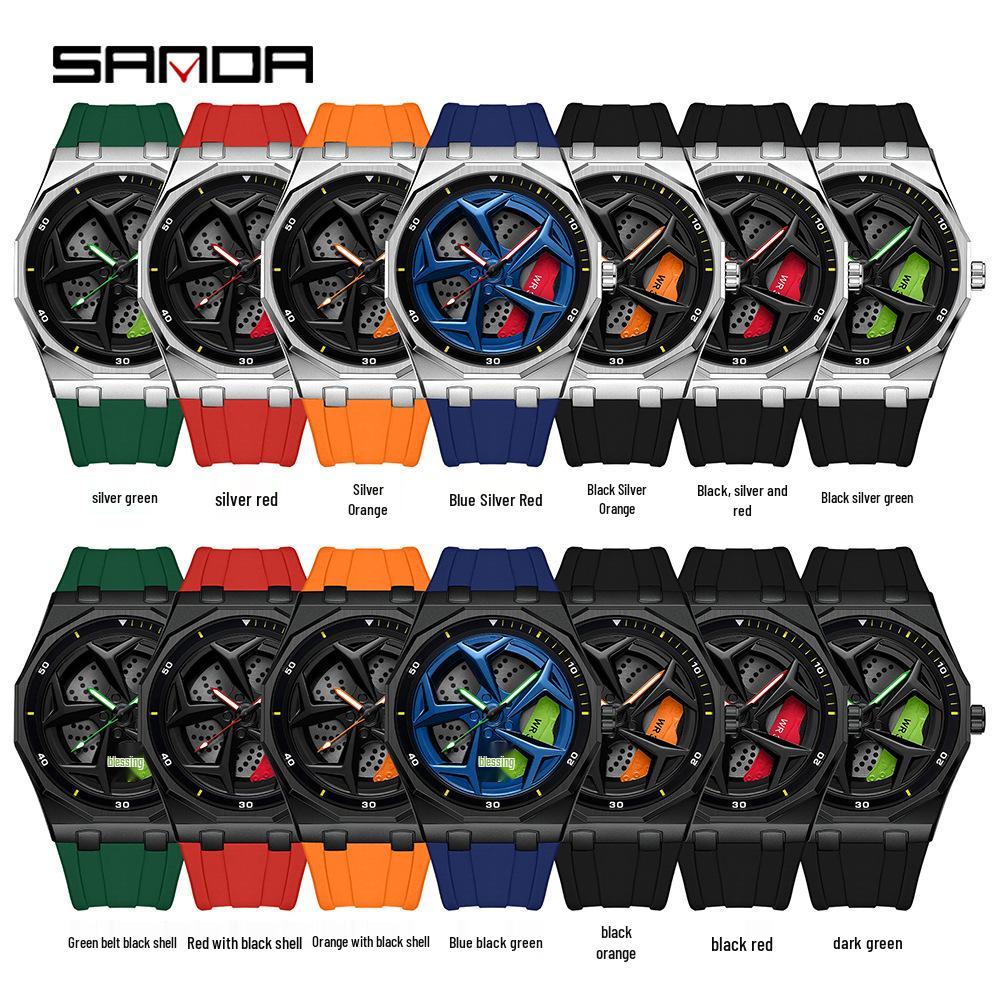 SANDA Men's Waterproof Luminous Polygonal Quartz Watch with 3D Rotating Dial and Silicone Band
