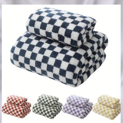 2-piece Checkerboard Towel Bath Towel Set Coral Velvet Washcloth Bathroom Soft Absorbent Big Bath Towel Couple Bath Towel Set Me