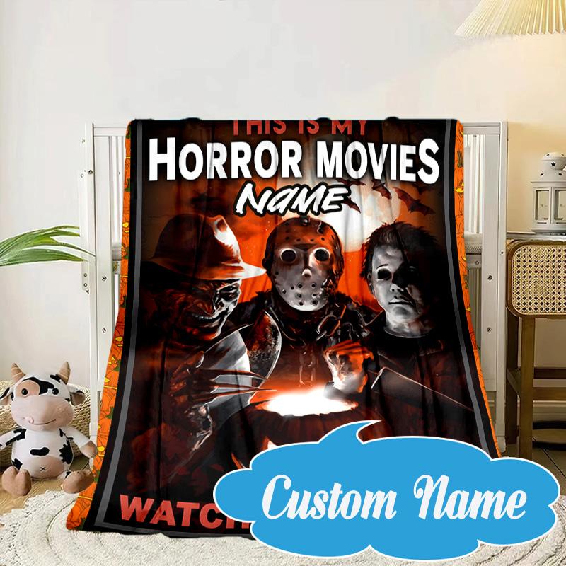 Custom Name Horror Movie Night Blanket bed sofa Blanket Flannel Blanket for Camping, Hiking, Picnic Essentials,gift for Fan family