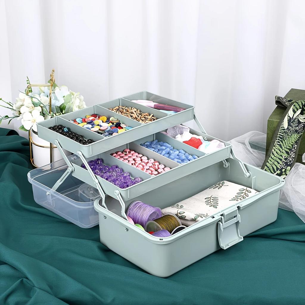 3-Layer Plastic Dividing Storage Box Craft Organizer and Storage with Adjustable Spacers Portable Handled Art Supply Organizer