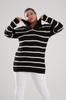 Women's Big Size Blouse Black Zipper Collar Black Striped Knitted Knitwear Plus Size Blouse