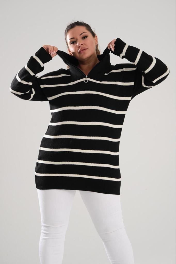 Women's Big Size Blouse Black Zipper Collar Black Striped Knitted Knitwear Plus Size Blouse