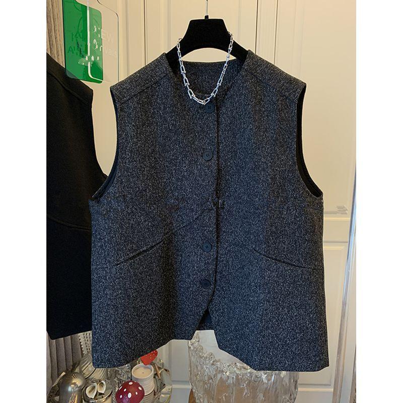 Chaleco Holgado de Otoño Chic Chaleco de Tweed Abrigo Largo sin Mangas Moda Ropa Exterior