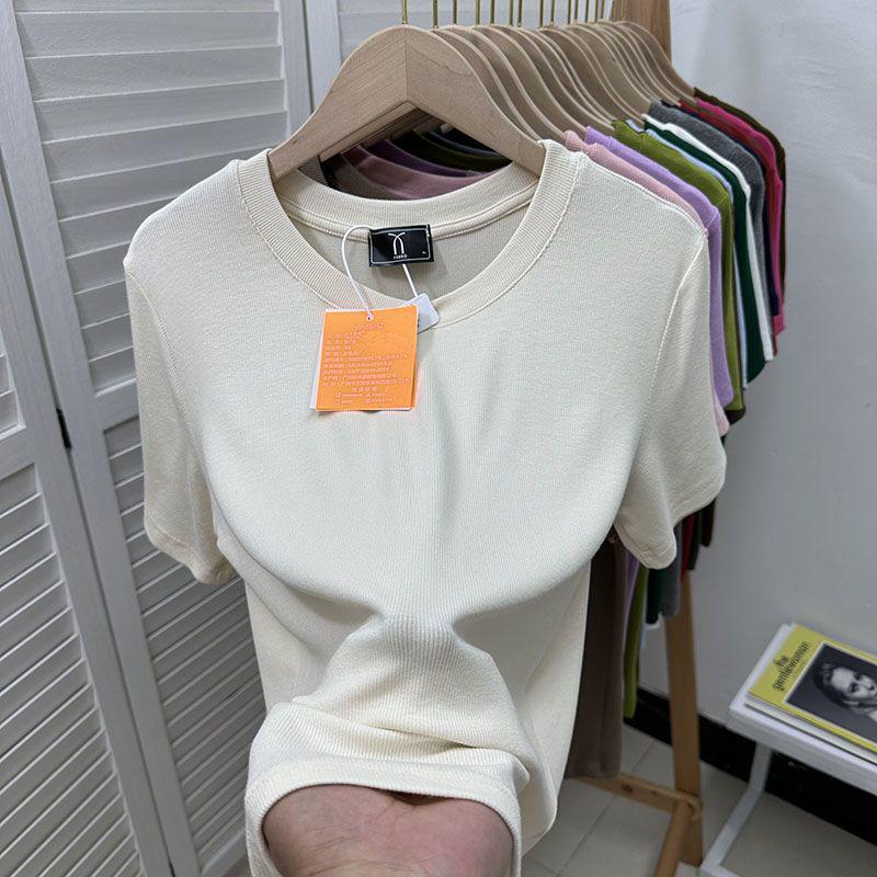 European Plus Size Ribbed Loose Short Sleeve T-shirt, Women's Green Base Layer Blouse