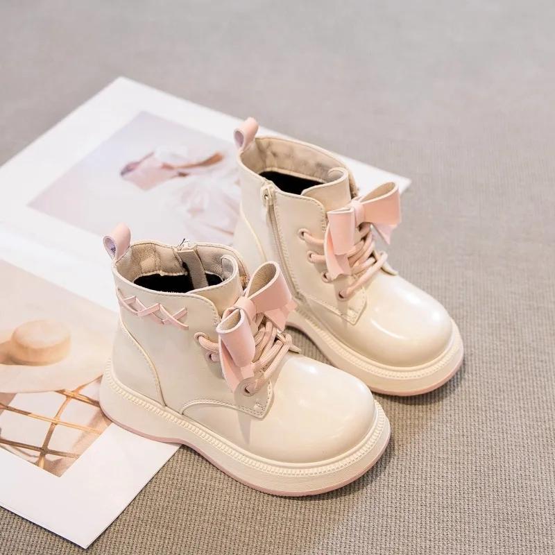 Princess Girl Boots Fashion Versatile Short Boot New Autumn Kids Shoes Shoelaces Velvet Sweet Girls Shoe Warm Velvet Ankle Boot
