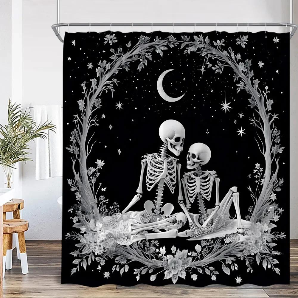 

Funny Floral Skull Shower Curtain Bathroom Decoration Happy Halloween Polyester Shower Curtain With Hook W60H190(CM)-1 Pcs