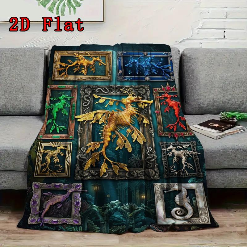 Golden Sea Dragon Frames 2D Flat Pattern Flannel Blanket, High Quality All Seasons, Home Decor, Warmth and Comfort, Perfect for Christmas Gifts.