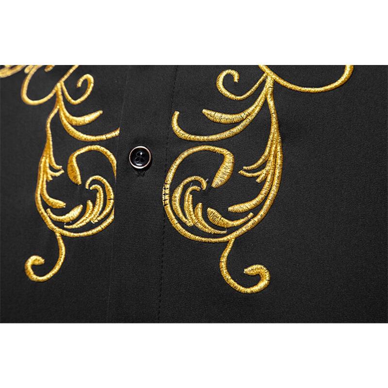 Camisa de Manga Larga Bordada para Hombre de Primavera Casual Sólida con Cuello Mao Camisas Masculinas Estilo Corte Europeo Fiesta Discoteca