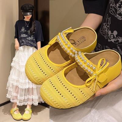 2025 novo verão sola grossa plataforma bolsa tecida cabeça chinelos de meio dedo mulheres usam versátil malha laço sapatos de pérola