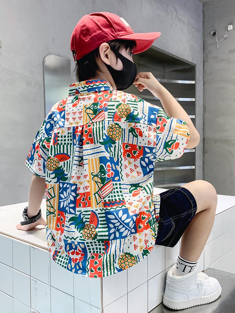 

Модная летняя рубашка с цветочным принтом для мальчиков 2024: Пляжный и уличный стиль с короткими рукавами 120 cm цветочный