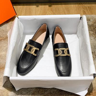 High Quality Leather Shoes Metal Chains Flat Women Round Toe Mules Spring Autumn Single Moccasins Female Comfy Slip On Loafers