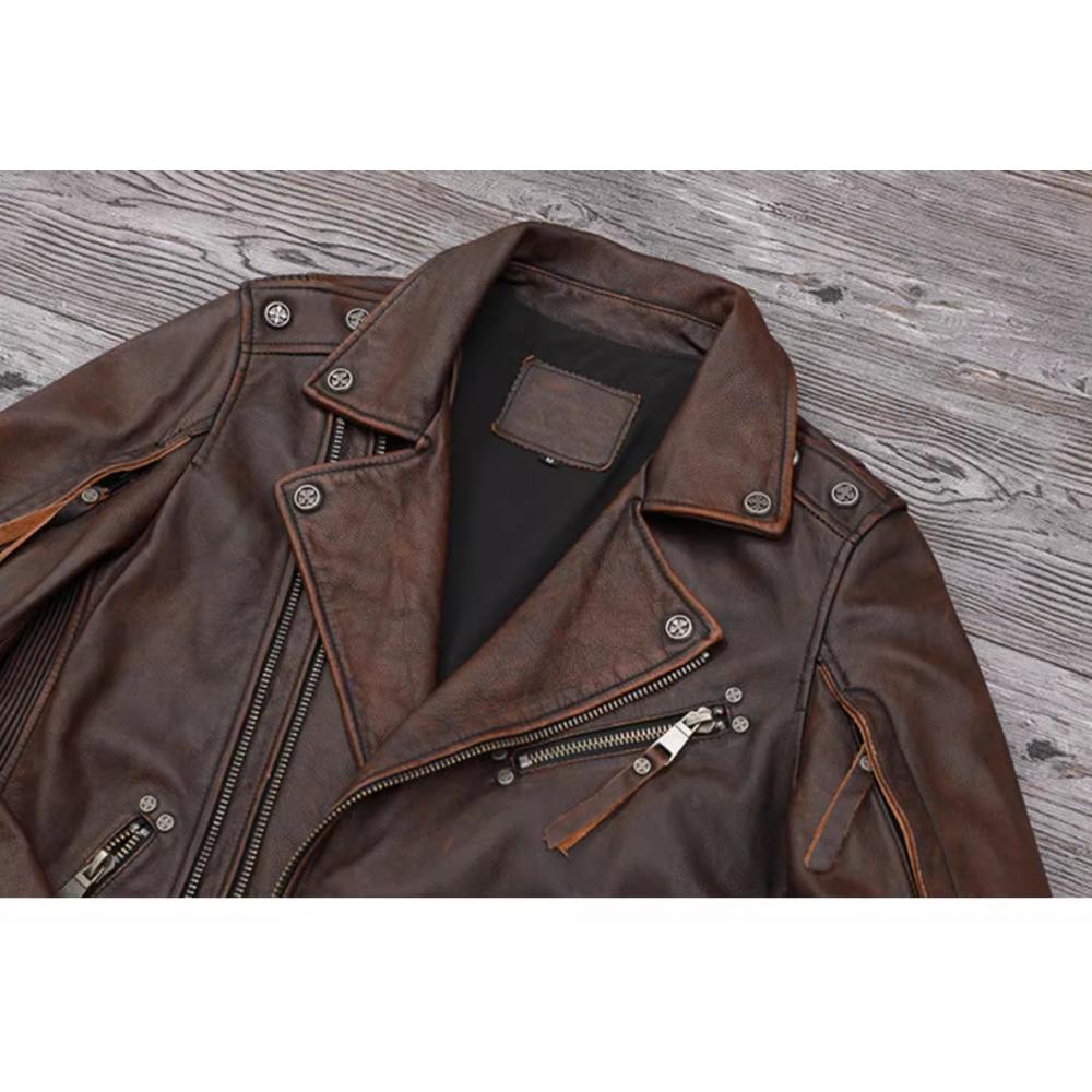 Chinese Size Heavy Motorcycle Jacket Natural Cowhide Leather Top Layer Brown Causal Vintage Retro Moto Suit Leather Coat Winter