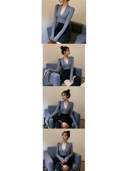 Women's Retro French Low-Cut Slimming Knit Long Sleeve Top