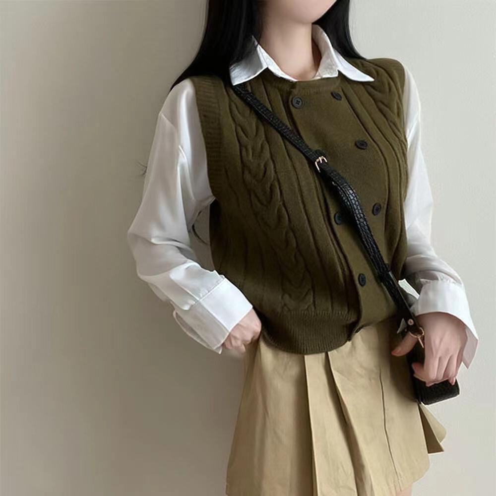 Korean Fashion Knitting Double Breasted Sweater Winter Retro Knit New Design Cardigan Women Aesthetic Casual Joker Sleeveless Vest