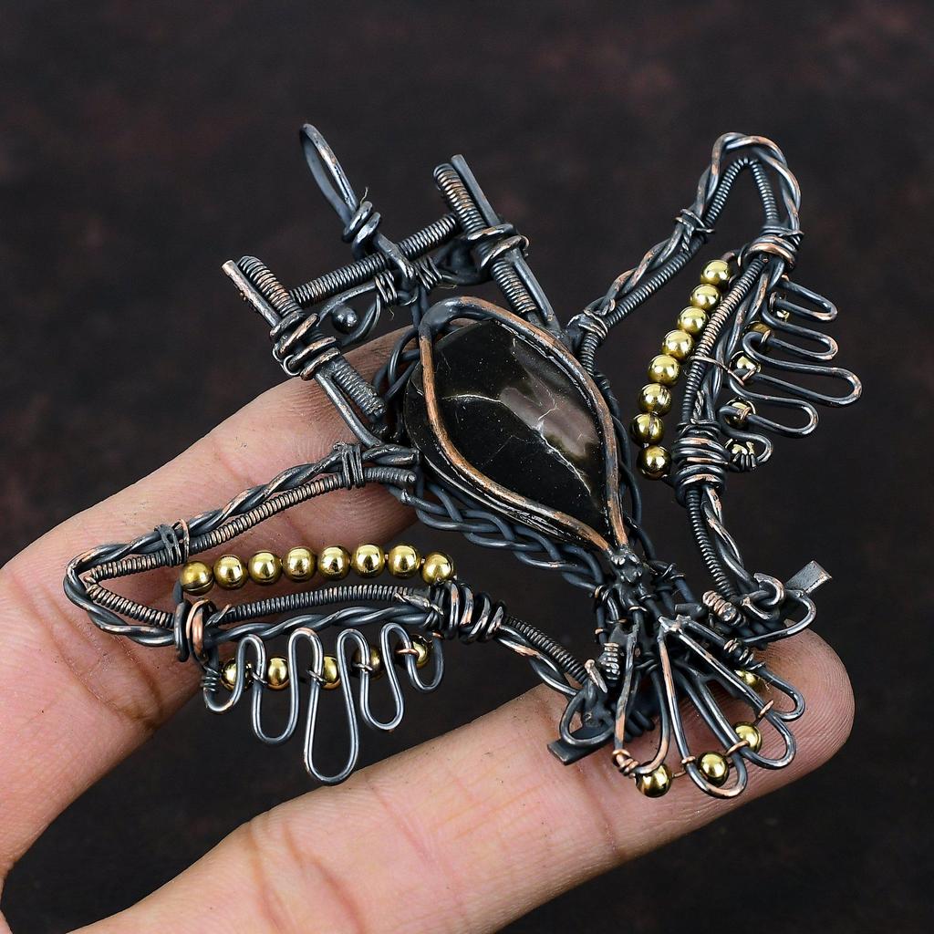 Black Mother Of Pearl Copper Pendant Wire Wrapped Pendant Handmade Pendant Copper Wire Owl Jewelry Engagement Gift Original Gemstone Pendant