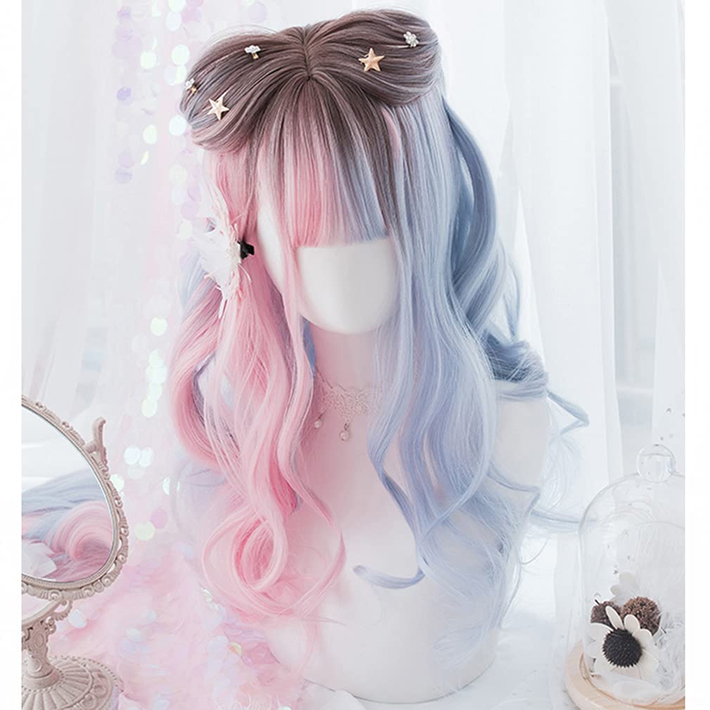 Harajuku Style Lolita Wig, Long Curly Two-Tone Wig (Blue & Pink), Heat-Resistant Cosplay Wig for GAL, Gothic Lolita, Party, Daily Wear, 54cm