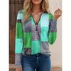 Women Fashion Casual Loose Printed Color Block V Neck Long Sleeve T Shirt Top