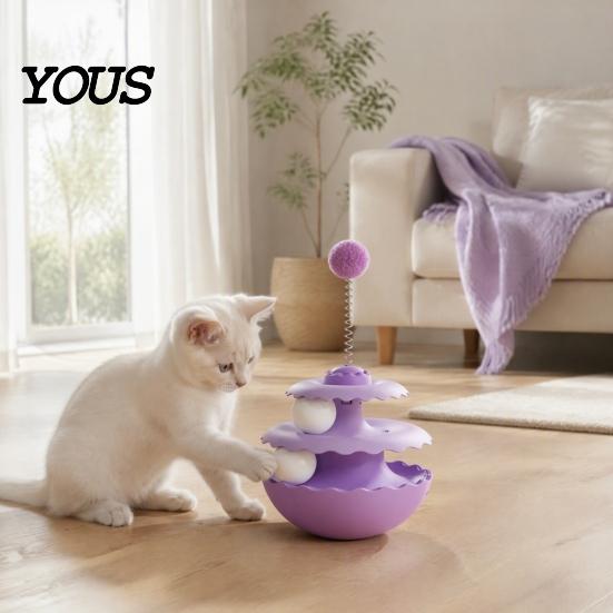 Interactive Pet Toys for Cats 2PCS Cat Tumbler Track Toy, Multi-Layer Turntable Toy Spring Powered Teaser with Plush Ball, Self Play Puzzle