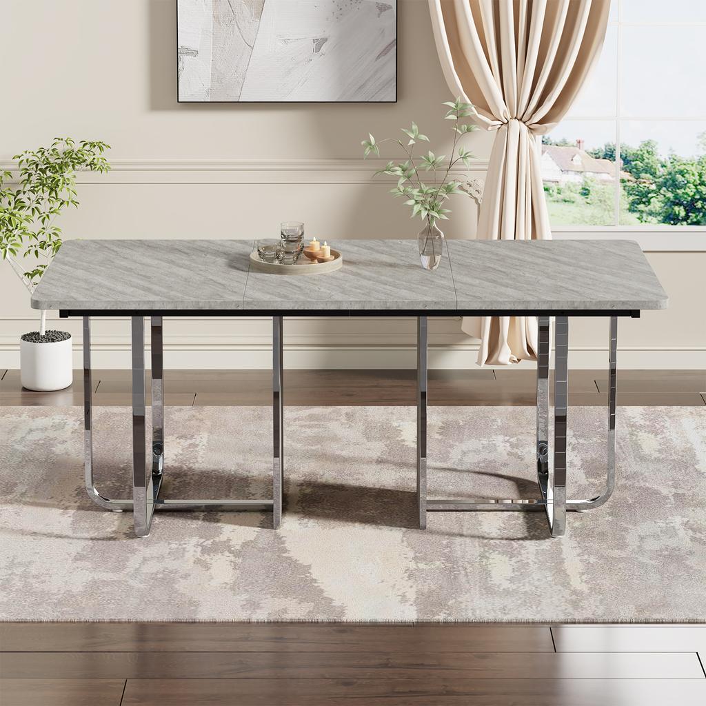 Esstisch, L180*B80*H75cm, Moderner stabiler großer rechteckiger Esstisch für 6 Personen, Metallbeine, Grau + Silber