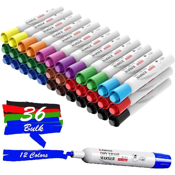 Comix Dry Erase Markers, Chisel Tip Whiteboard Markers, 36 Count 4 Assorted Colors Low Odor Markers for Classroom, Teachers, Office, School Supplies 36 Count 12 Assorted Colo