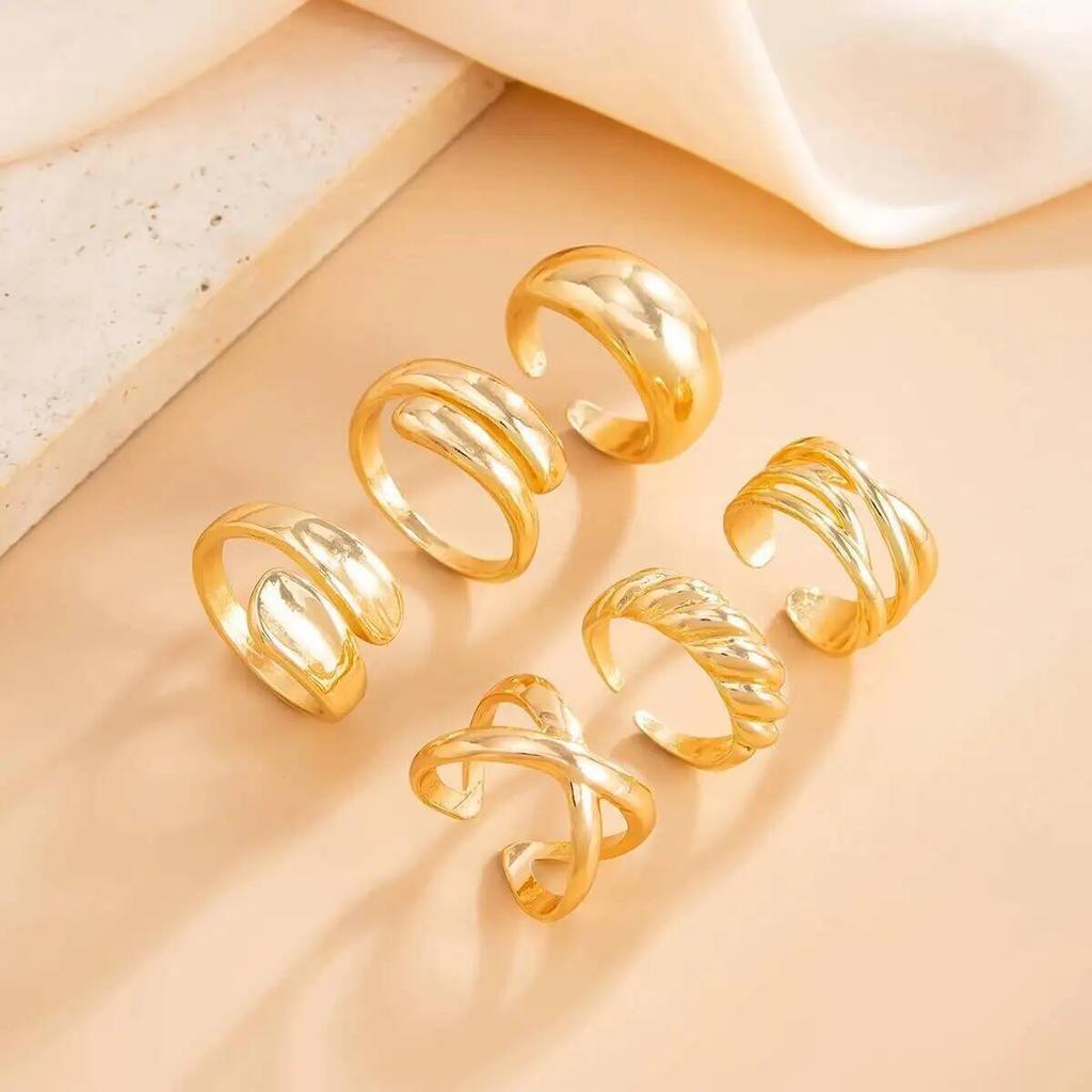 IngeSight.Z 6Pcs Vintage Gold Color Smooth Geometric Open Rings Women Exaggerated Metal Irregular Thick Water Drop Ring Jewelry