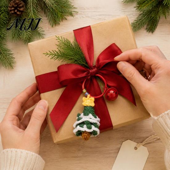 Mini Sock Ornament Yarn Crochet Christmas Keychain with Bell, Handmade Tree Hat Glove Wreath Winter Season Gift Key Ring Pendant, Holiday Bag