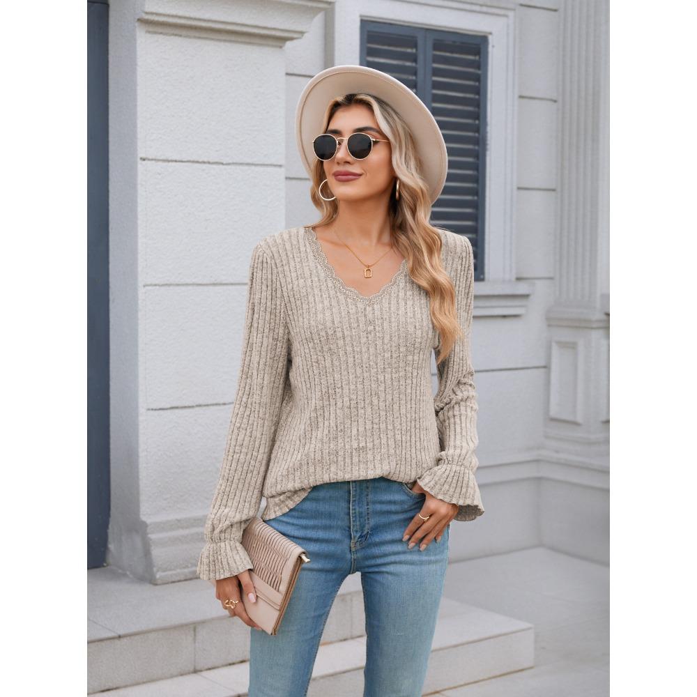 Women's Ribbed Knit V Neck Long Sleeve Sweater Casual Lace Trim Pullover Blouse Top