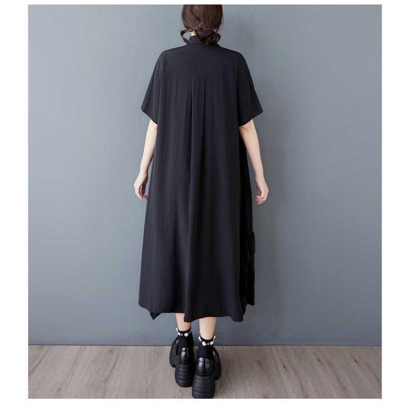 Summer Black Fungus Lace Shirt Dress, Loose and Fashionable Mid Length Dress