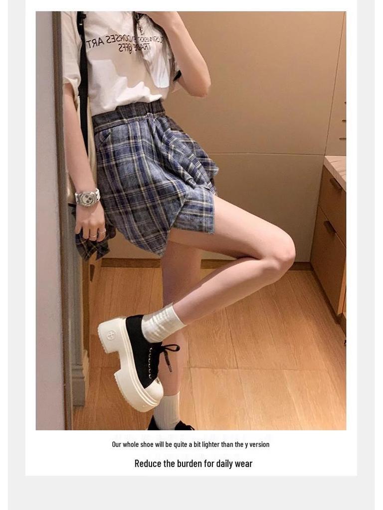 Grape Mom's Style White Canvas Shoes - Women's Lace-Up, Large Round Toe, 7cm Thick Sole, Height-Increasing, Casual Autumn/Winter Footwear