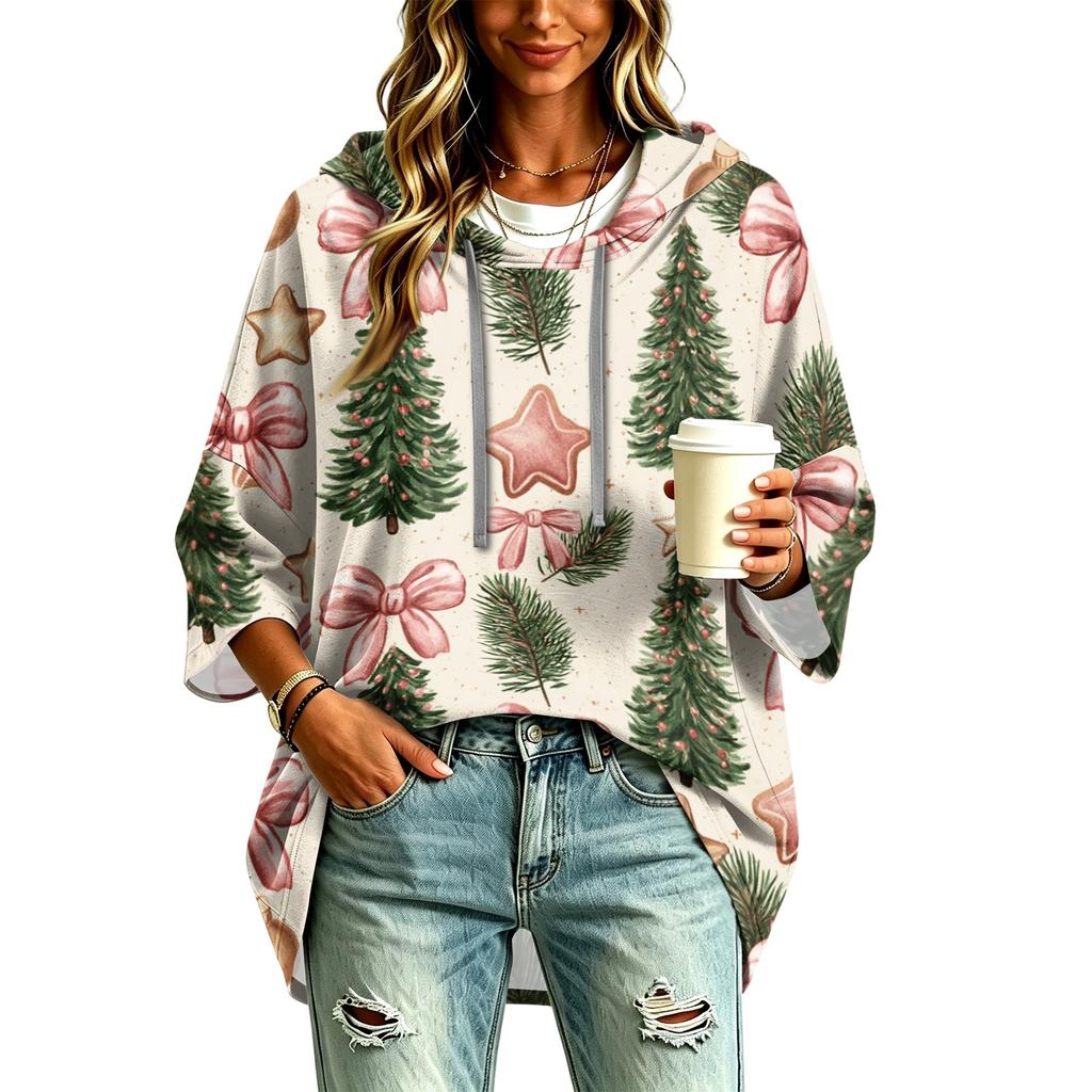 Women's 3/4 Sleeve Christmas Print Hooded Pullover Top Casual Holiday Outfit
