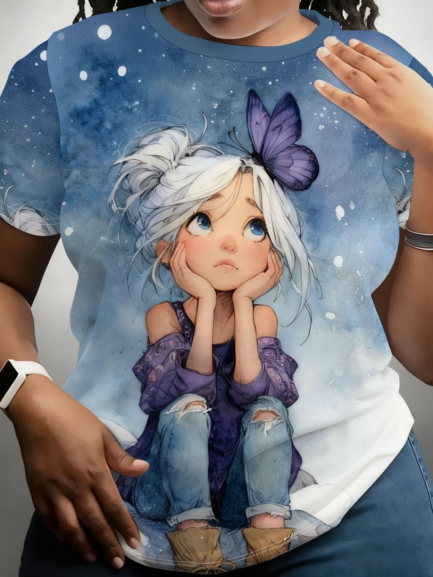 

Plus-Size Women S Round-Neck T-Shirt with a Starry Sky. Butterfly. And White-Haired Print. Made of Soft And Comfortable Fabric. Machine Washable. Suit 2XL дубильная кора
