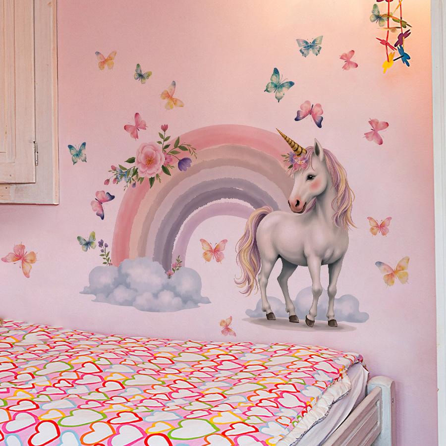Dreamy Unicorn Rainbow Wall Stickers, Pink Tone Fairy Tale Scene with Colorful Butterflies, Girly Self-Adhesive Decor for Room Decoration