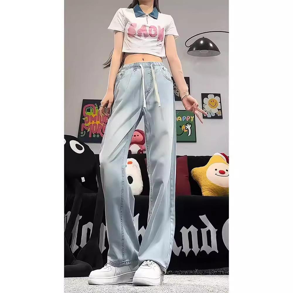 Jeans women's straight tube loose spring autumn and winter new high waist thin small wide leg mopping pants