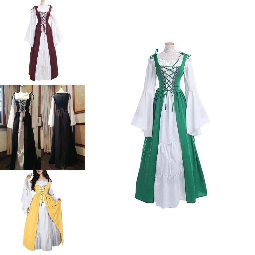 Elegant Women's Vintage Renaissance Medieval Long Dress With Flare Sleeves And Lace-up Detail