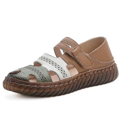 New Hollow Genuine Leather Sandals Women's Summer Hook & Loop Shoes Ladies Comfy Soft Sole Sandal Woman Flats Non-slip Mom Shoes