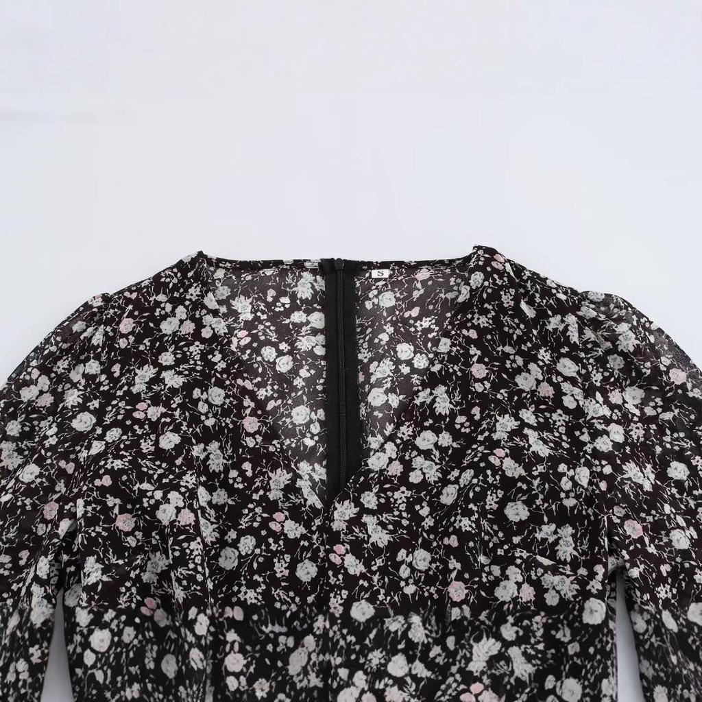 Spring 2025 Women's European & American Style V-Neck Chiffon Floral Waist-Hugging Long Dress