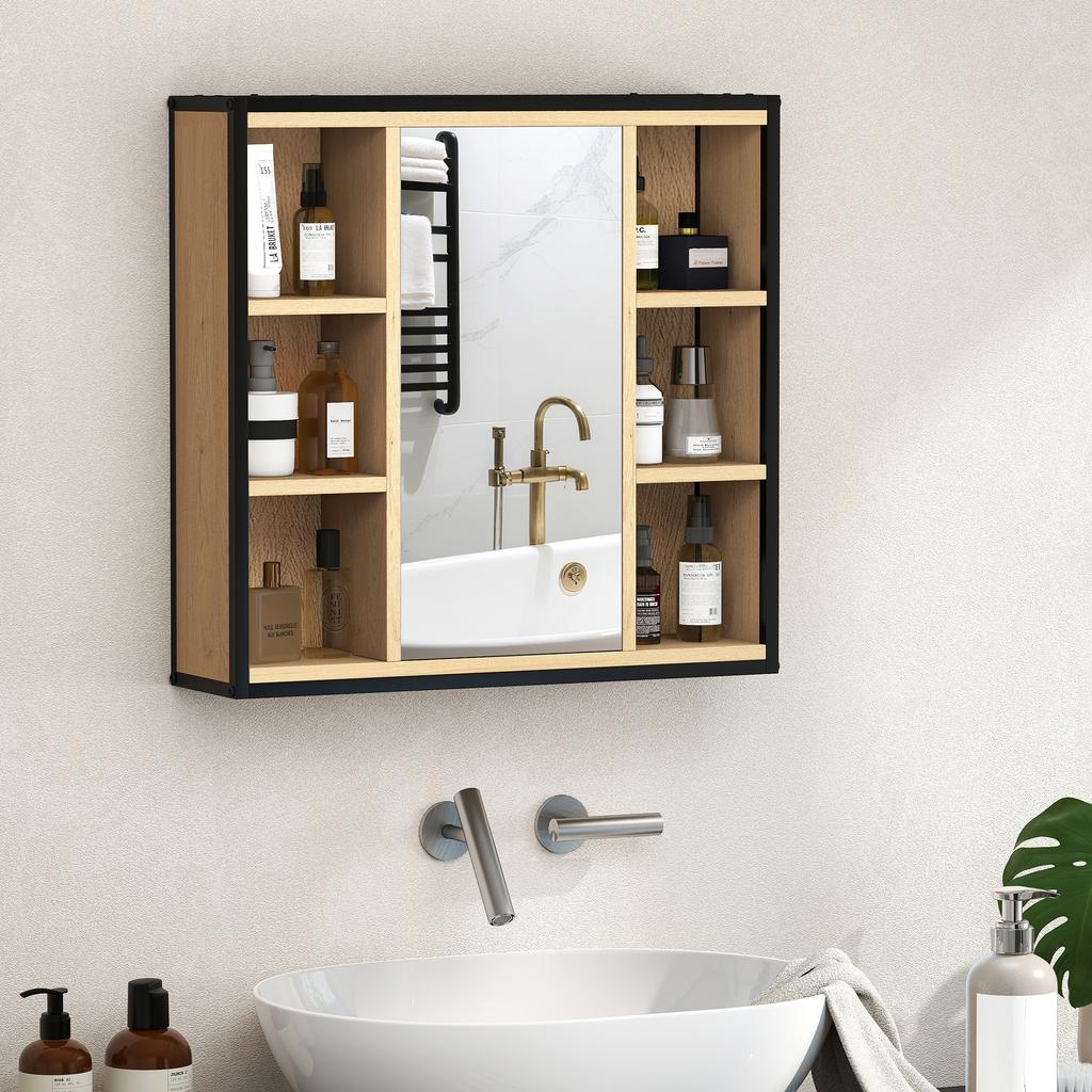 Badezimmerspiegel-Schrank, 6 offene Fächer, 3-stufiges Regal, Wandmontage, Eiche