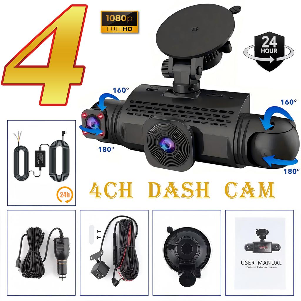Car Dash Cam 4 Channel Black Box Auto Parts Record Audio Driving Camera With Night Vision Loop Recording 24H Parking Monitor