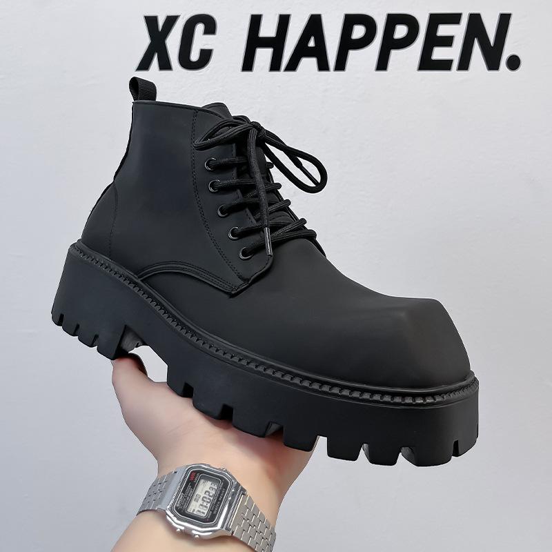 

Дерби большая голова ботинки Мартина 2024 новые на толстой подошве с увеличением высоты средней высоты мужские туфли ретро квадратный носок короткие ботинки 1909-A 38 чёрный