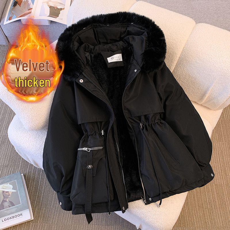 Women's Mid-Length Winter Cotton Coat with Genuine Fur Collar and Thick Velvet Padding