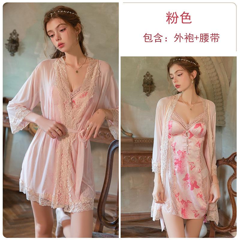 Women's Satin Sheer Mesh Butterfly Print Push Up Padded Backless Sleep Dress with Robe Lounge Set