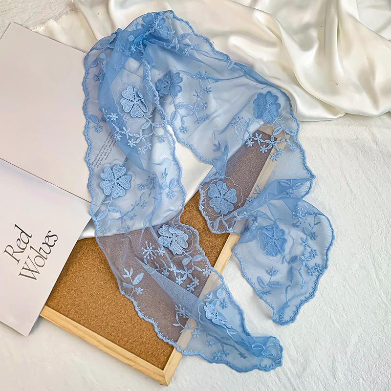 

Super fairy retro lace long small silk scarf women s versatile thin small scarf headband streamer синий