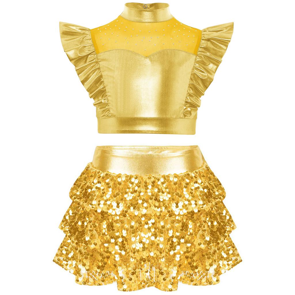Girls Jazz Dance Outfit Mock Neck Rhinestone Adorned Mesh Patchwork Sleeveless Metallic Ruffle Crop Top