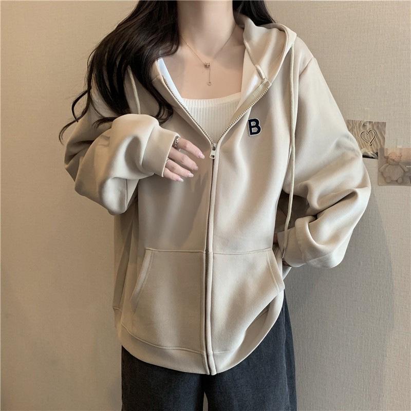 Women's Thick Fleece-Lined Hooded Zipper Cardigan - Loose Fit, Spring/Autumn 2023, Milk-Toned with Drawstrings