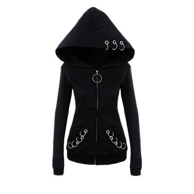 Women's Black Kepeng Long-Sleeve Hooded Sweater with Iron Ring Detail