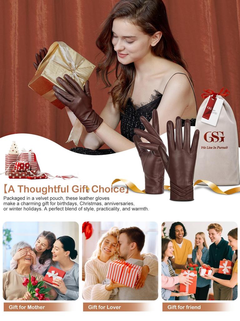 GSG Leather Smartphone Perfect for Size 13150 Women's Gloves, Compatible, Touchscreen, Driving, Winter, Warm, Motorcycles, Brown, L/8,