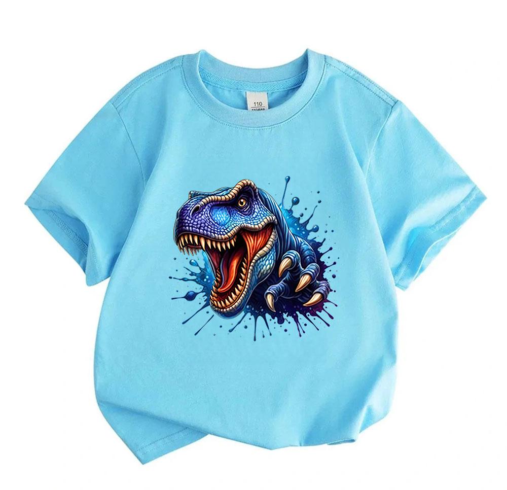 Kids Boys Girls 100% Cotton Crew Neck Short Sleeve T-Shirt, Cool Blue T-Rex Dinosaur Print Casual Soft Breathable Tee for Daily Play Outdoor Wear