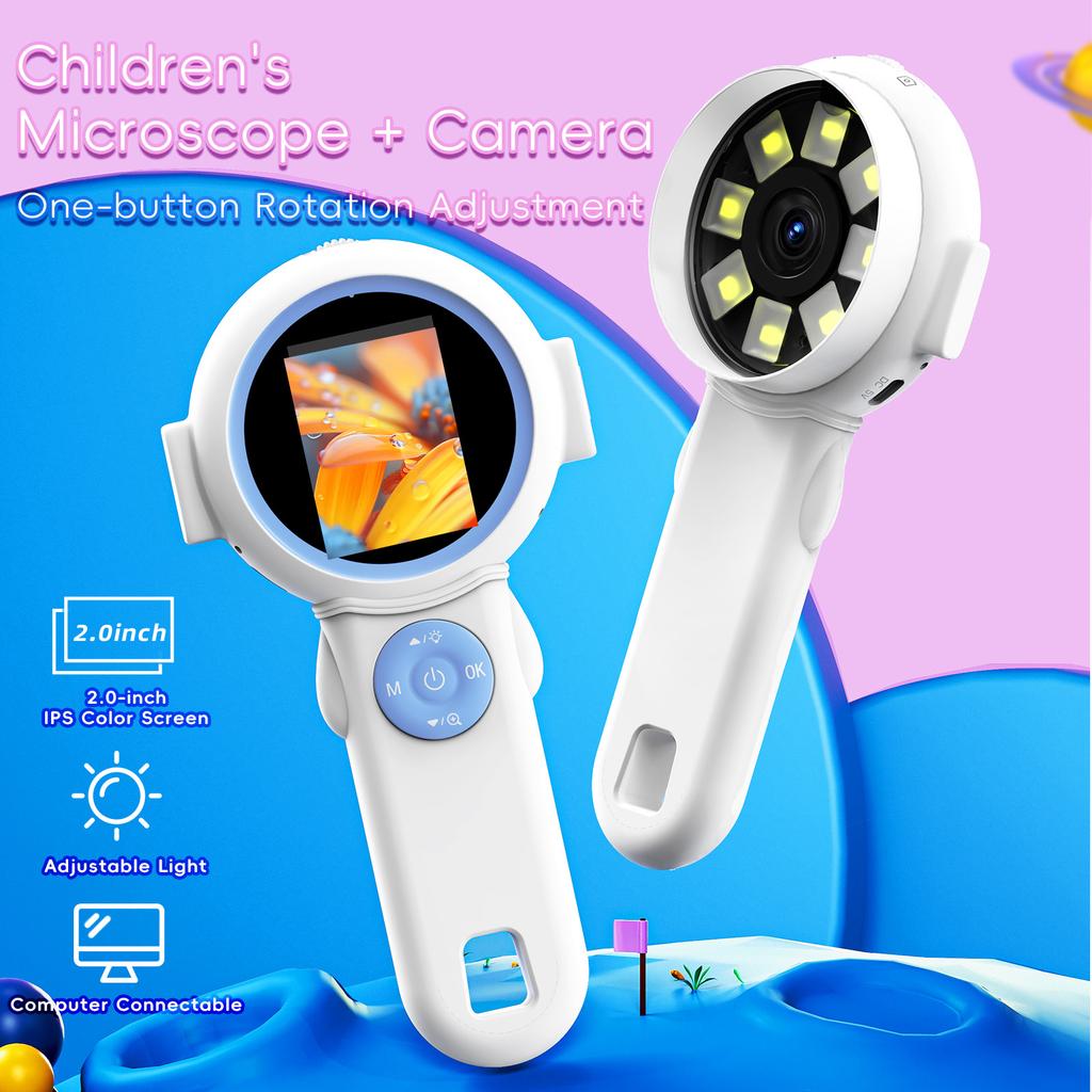 Pocket Educational Kids Handheld Magnifying Toy 2.0-Inch IPS HD 8 LED Light Digital Microscope for Children Educational Toy Gift